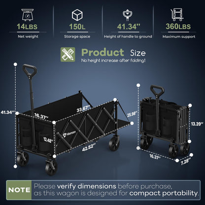 Hikemoon 43'' Extra Long Collapsible Wagon with Extended Tailgate, 360LBS Heavy Duty Wagons Carts Foldable, Portable Folding Outdoor Utility Cart for Grocery, Shopping, Garden, Camping, Black