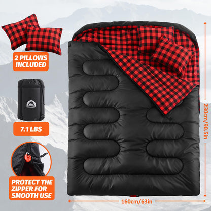 Swtmerry Double Sleeping Bag for Adults with 2 Pillows, Big & Tall Queen Size XL Sleeping Bag for 2 Person, Waterproof & Lightweight Warm for 3 Seasons, Cold Weather,Camping, Hiking & Backpacking