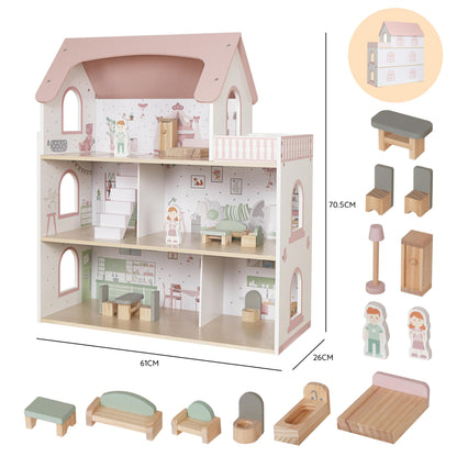 Wooden Pink Doll House for Girls with Balcony,DIY Pretend Dolls Play House Toy, Kids Dollhouses Toys with 12 PCS Furniture Accessories,Birthday Gifts for Boys Girls Ages 3+