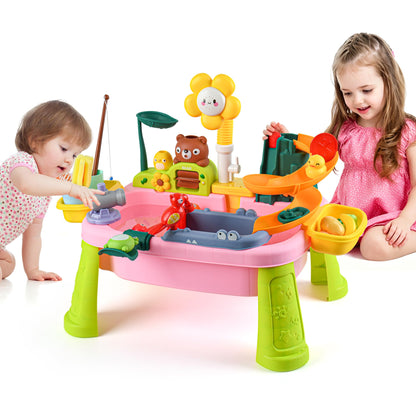Upgraded Toddler Sand Water Table Toy with Electric Water Pump, Kids Sand Water with Faucet/Play Food Accessories/Fishing Toy, Kitchen Play Sink Toys for Girl Boy Age 3+ (Pink-Sunflower)