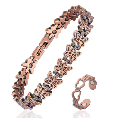 Fashtour Copper Bracelet and Ring Set for Women, 99.99% Pure Copper Magnetic Bracelet with Butterfly Design & Matching Adjustable Heart Ring – 3800 Gauss Magnets, Includes Sizing Tool & Gift Box