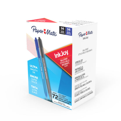 Paper Mate InkJoy 100RT Ballpoint Pens, Medium Point (1.0mm), Black & Blue Ink, 72 Count - Bulk Pack for School, Home, Office, College, Note-Taking
