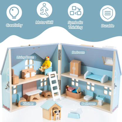 WOODMAM Foldable Wooden Dollhouse with 2 Dolls & Pet Set, 20PCS Furniture Wooden Doll House for Girls Age 3-6, Portable Pretend Play Toy, Christmas Birthday Gift for Toddlers