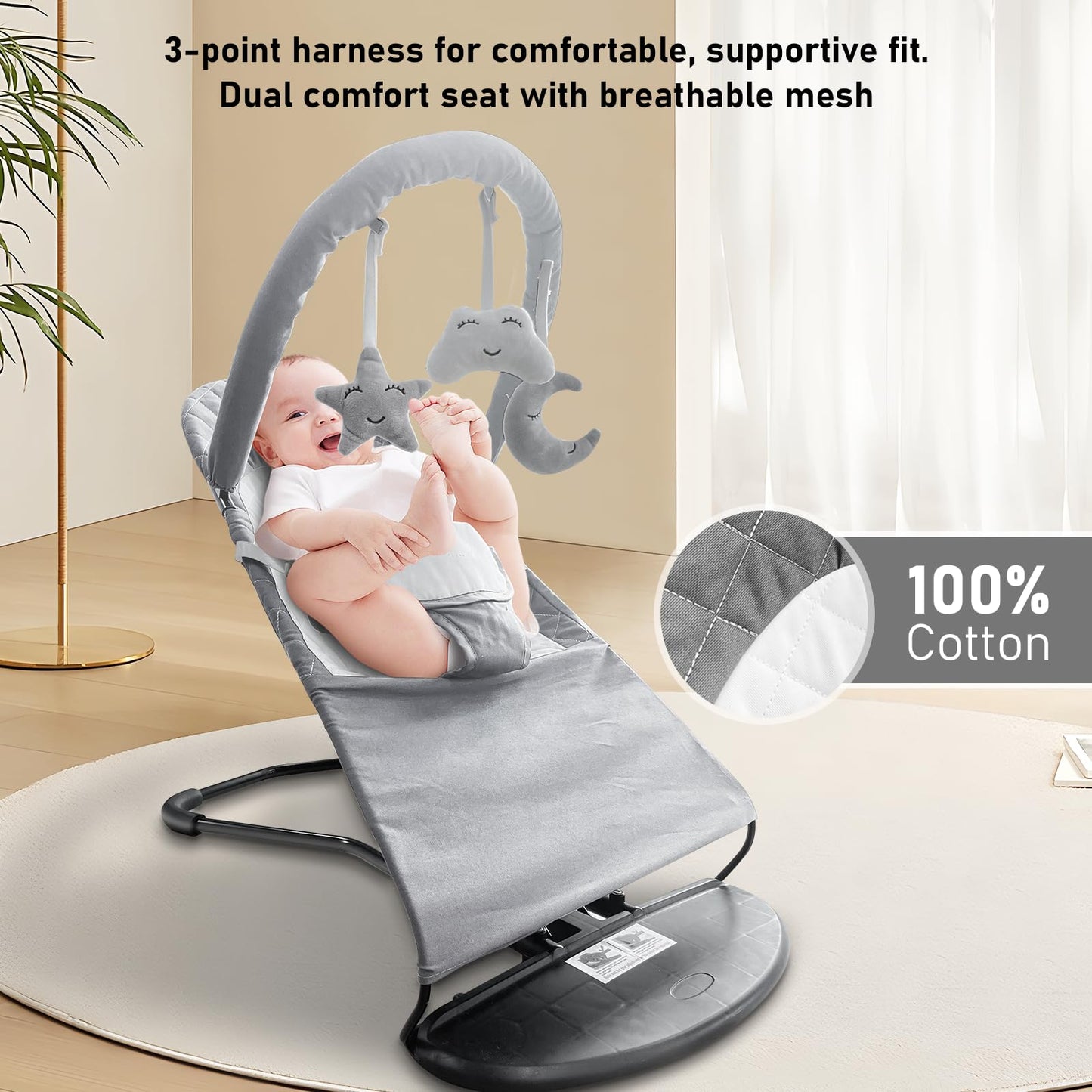 Portable Baby Bouncer Seat for Babies 0-18 Months, 100% Cotton Fabrics, Adjustable Multi Position Baby Bouncer Seat, Infant Rocker Chair with Hanging Toys-Light Grey