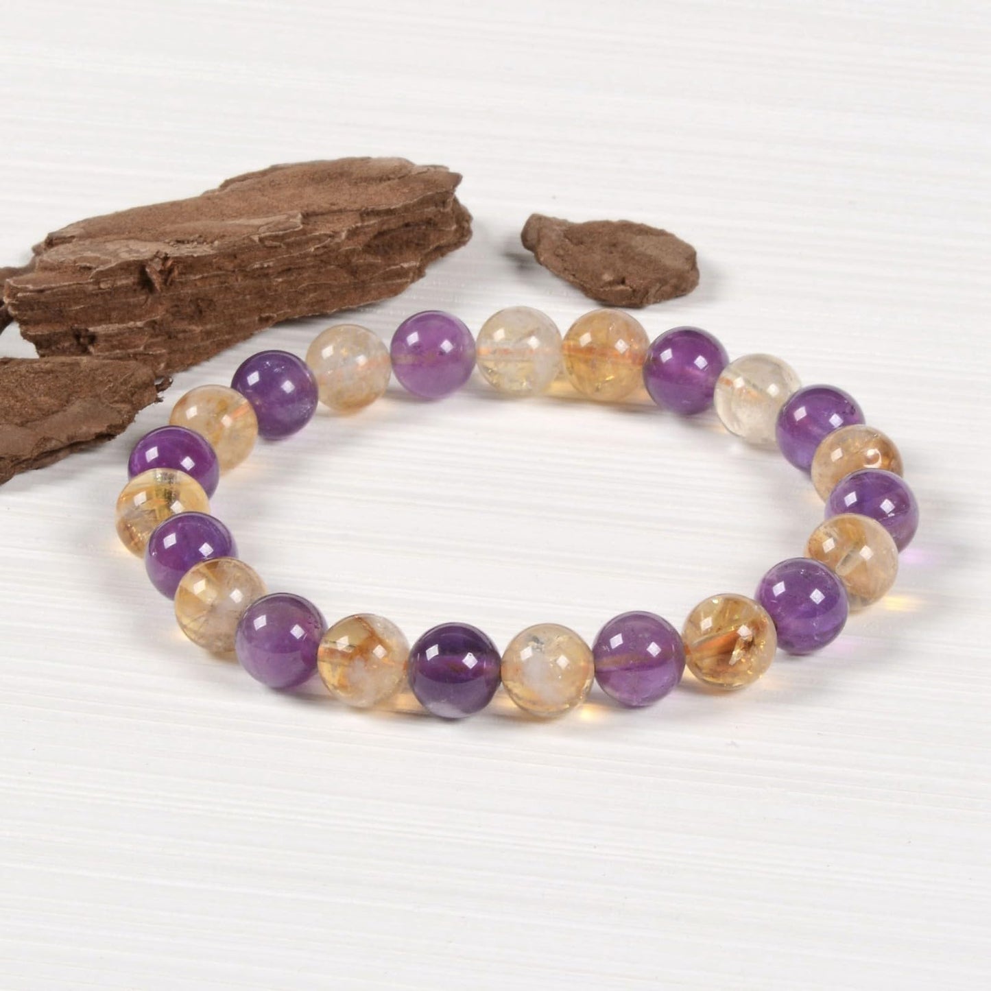 Justinstones Amethyst Citrine 8mm Round Beads Stretch Bracelet 7 Inch Unisex
