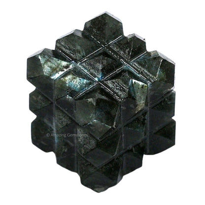 Amazing Gemstone Labradorite Crystal Cube with 54 Pyramid - 1" Mini Lemurian Pyramid Cube Figurine of Natural Stone Pyramid for Meditation, Reiki, Chakra Balancing Vastu Pooja and Crystal Grids