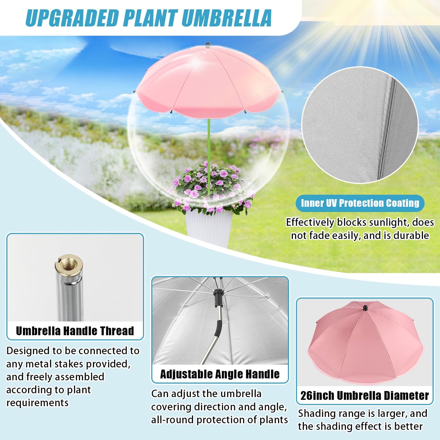Axcoix 4 Pack Upgraded Plant Umbrellas for Outdoor Plants, 26" Larger Garden Plant Umbrella Shade with Adjustable Angle, 43.4" Higher Sun Shade for Plants, Potted Plant, Garden Beds