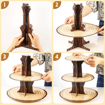 Wooden 3 Tier Cupcake Stand Decoration - Rustic Wood Cupcake Stand Decor for Camping, Birthday, Safari Party Supplies