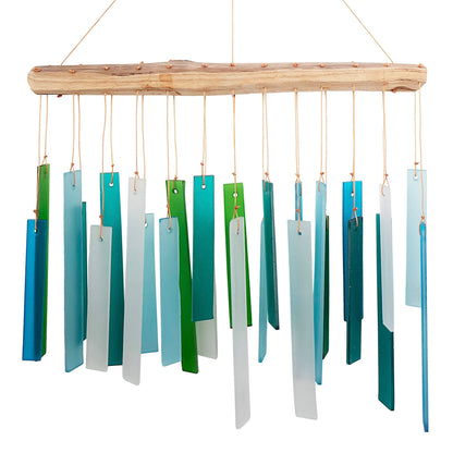 Blue Handworks Sea Glass and Driftwood Chime - Sandblasted Glass and Found Wood Hand Crafted Wind Chime
