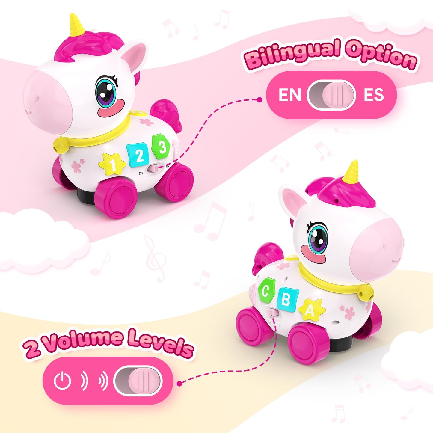 Bilingual Musical Crawling Toy for 1 Year Old Girl Gifts,Musical Unicorn Toys for Baby 6-12 Months,Baby Toys 6-12-18 Months,Toddler Educational Toy,Birthday Gifts with Music Light,Baby