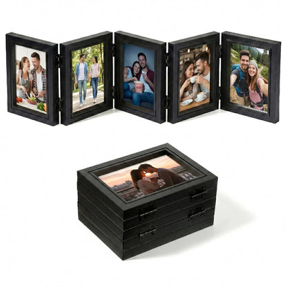 5 Folding Hinged Picture Frame 3.5 x 5 Inches High Definition Natural Wood Collage Mounts Rustic Wood Desk Family Photo Collage Stand Vertical on Tabletop Foldable Photo Frame for Family Birthday