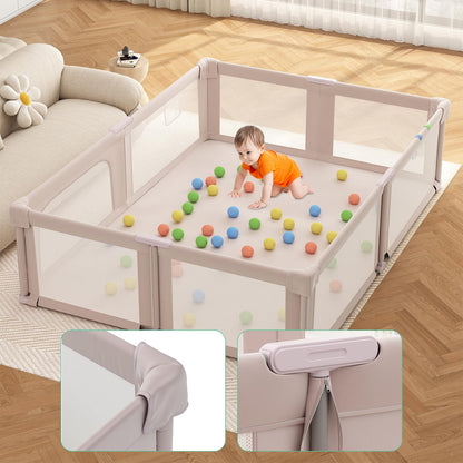 Foldable Playpen with Mat for Babies and Toddlers, 73" x 61" Baby Play Pen for Indoor & Outdoor, Playard with Soft Breathable Mesh, Pull-Link and Ocean Balls, Pink
