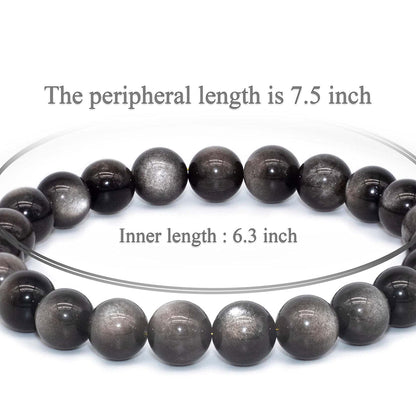 DAZCOLO 8mm Natural Gemstone Stretch Bracelet, Handmade Unisex Crystal Bracelets for Meditation, Yoga, Spiritual Healing & Positive Energy (Silvery Obsidian)