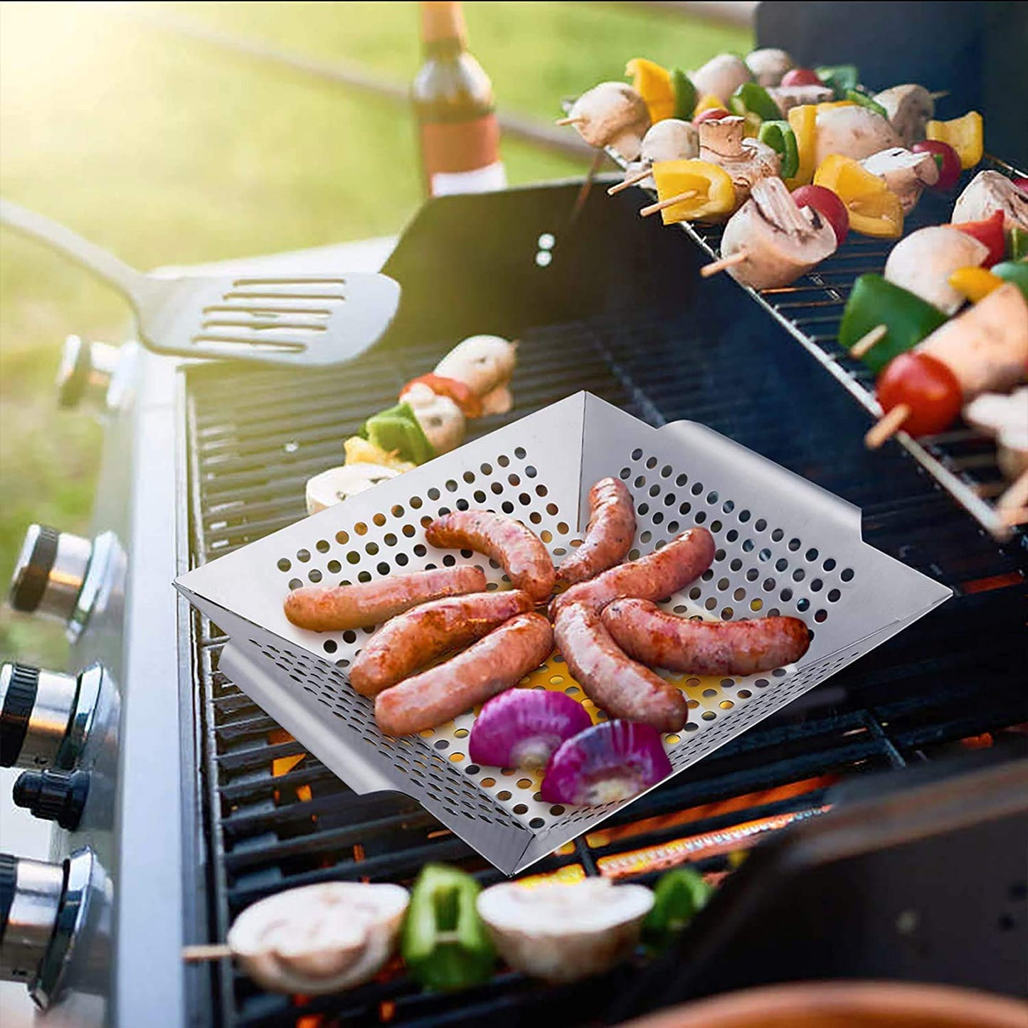 Stainless Steel Grill Basket, Large 12 Inches BBQ Accessories for Vegetable, Shrimps, Kabobs,Work for All Grill by DIMESHY