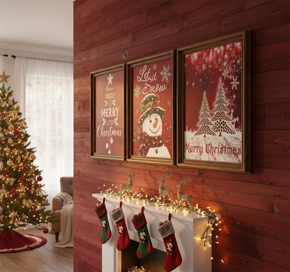 3pcs Red Christmas Canvas Wall Art Tree Snowman Posters Prints Paintings Winter Christmas Quotes Wall Decor Pictures for Living Room And Bedroom Furniture Decoration Unframed
