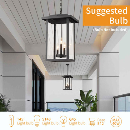 Smeike Outdoor Pendant Light Exterior Hanging Lantern, Large Outdoor Hanging Porch Light, Matte Black Finish with Clear Glass, 3 Light Outdoor Chandelier