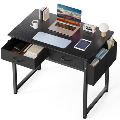 DUMOS 32" Home Office Computer Desk with Drawers, Small Gaming Writing Study Table with Storage Side Bag, Headphone Hook and Adjustable Feet for Bedroom Black