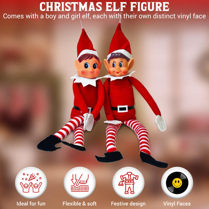 Prime Collectibles Naughty Elf Couple 2 Pack – 12 Inch Boy & Girl Christmas Elf Figures with Soft Bodies & Vinyl Faces, Santa’s Little Helpers, Holiday Shelf Decor, Festive Christmas Display Set