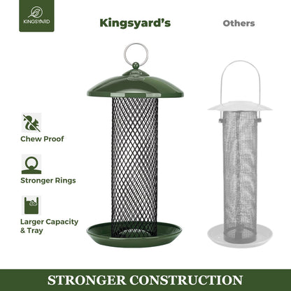 Kingsyard Mesh Tube Bird Feeders for Outdoors Hanging, All Metal, Wild Bird Feeder for Sunflower Seeds or Mealworm, Large Tray & Weatherproof Roof, 2.5 lbs Capacity (Dark Green)