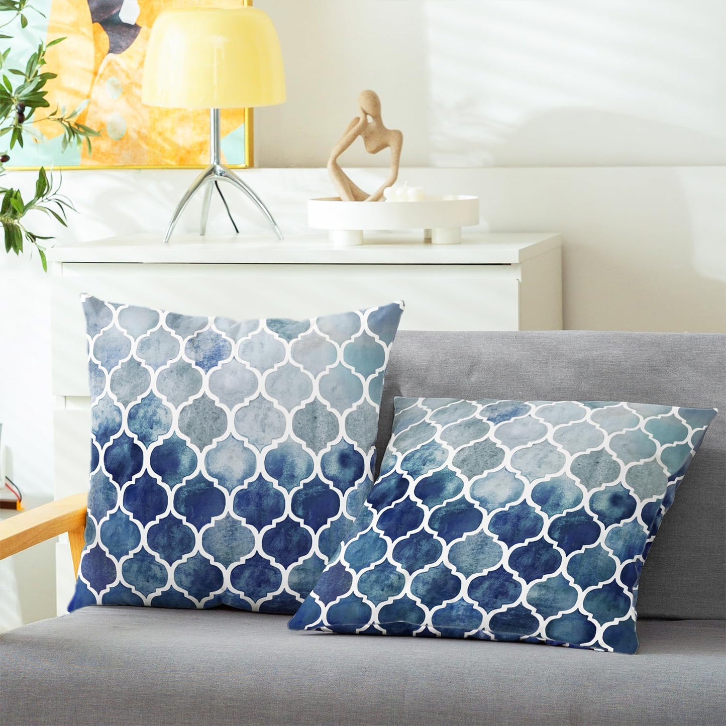 CaliTime Cushion Covers Cushion Cover Pack of 2 Cosy Cushion Covers for Couch Bed Sofa Hand Painted Colourful Geometric Grid Chain Print 45 cm x 45 cm Main Grey Navy Blue