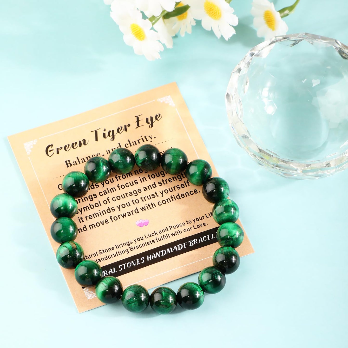 AD Beads 8mm Handmade Green Tiger Eye Elastic Bracelet – Natural Gemstone for Balance, and Clarity – Meditation, Yoga, Healing and Energy Gift for Men Women