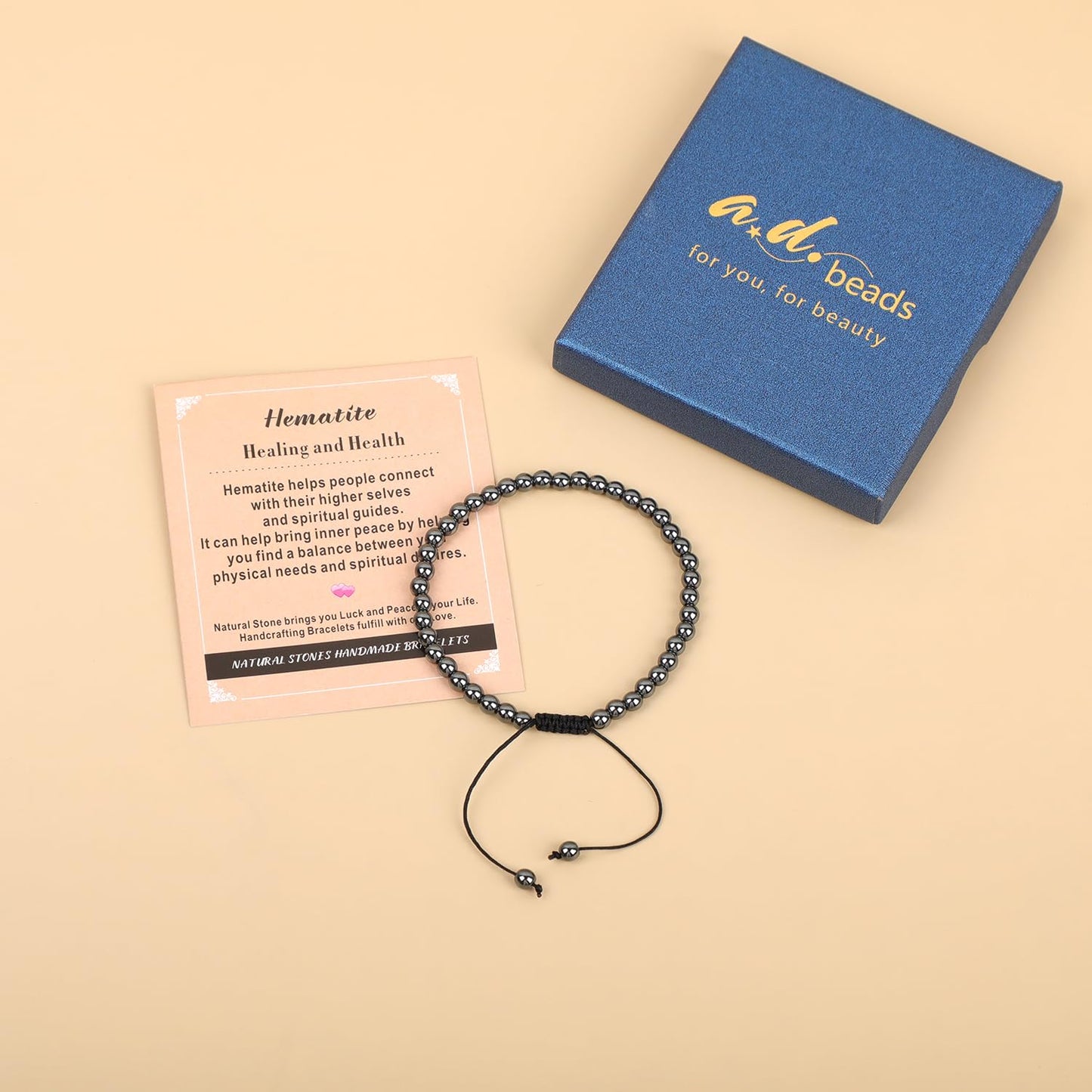 AD Beads 4mm Hematite - Healing and Health - Handmade Natural Stone Crystal Bracelet with Adjustable Macrame String - Yoga Healing Power Energy Gifts for Men and Women