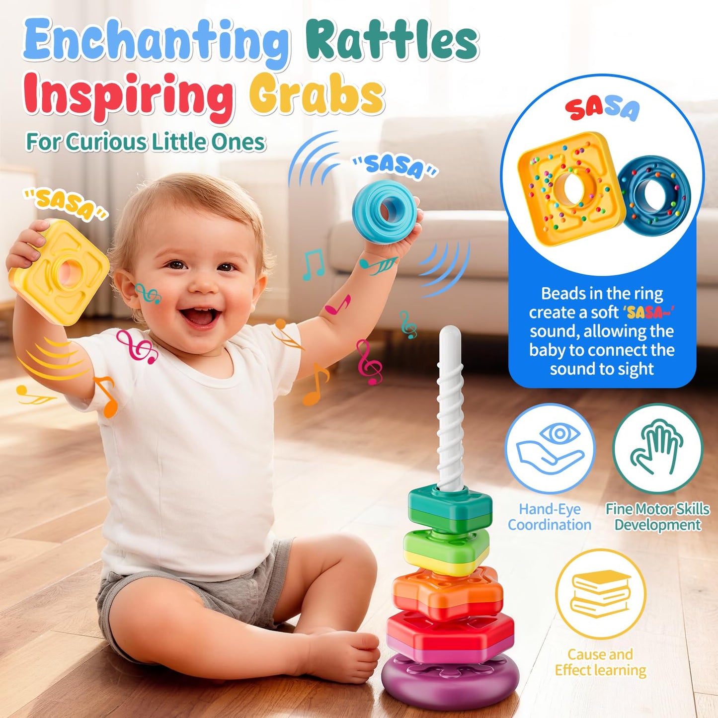 Baby Spinning Stacking Toys for Toddlers 1-3, Sensory Montessori Toys for One Year Old Girl Boy, Rainbow Ring Stacker Tower, Educational Learning Toy, Perfect Easter Christmas Birthday Gifts