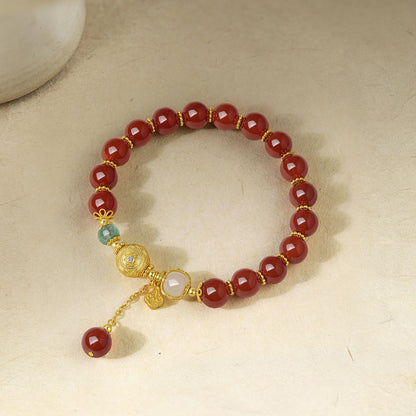ZHOU LIU FU Sterling Silver Bracelets Silver Red Agate Elephant Pendant Beaded Stretch Bracelet Blessing Silver FengShui Ball Charm Jewelry for Women Her Anniversary Birthday 6.7"/17CM J1916278