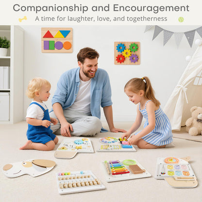 PIIKAGO Wooden Dog Wall Busy Board Panels, Sensory Wall Activity Board for Toddlers 1-3, Montessori Learning Activity Center, Educational Toys for Kids Room, Preschool & Daycare