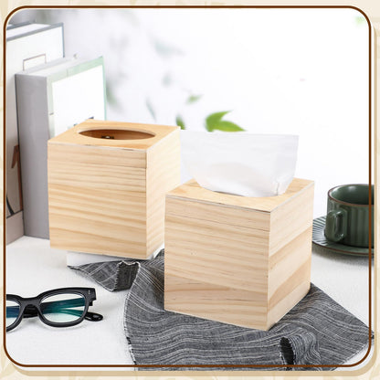 Wonderjune 6 Pcs Wood Tissue Box Cover for DIY Unfinished Wood Box Custom Design Square Wooden Tissue Cover Holder with Flip Opening Top for Arts Crafts Bathroom Decor Home Decor