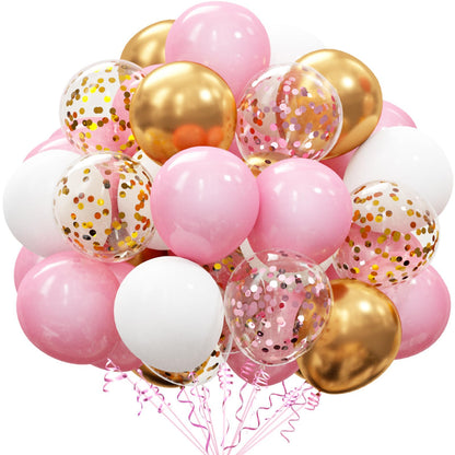 OuMuaMua 60Pcs Pink Gold Confetti Latex Balloons Kit, 12 Inch Pink White Gold Helium Mother's Day Balloons Party Supplies for Confession Proposal Wedding Girl Birthday Baby Shower Party Decoration