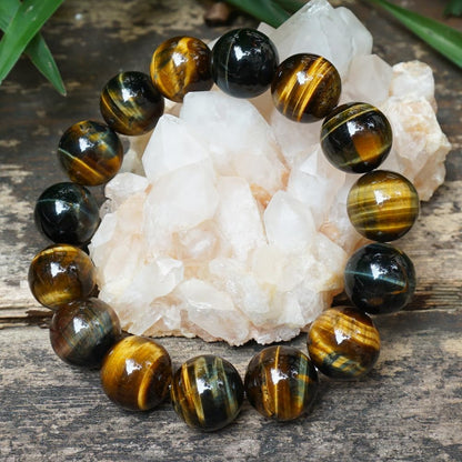 TaHLga 14MM Yellow Blue Tigers Eye Mens Beaded Bracelet | Natural Solar Plexus Chakra Gemstones | Bring Luck Wealth Courage | Protection from Evil | Gift