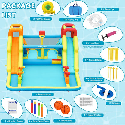 Inflatable Bounce House for Kids, Water Bounce House with Double Slides Indoor Outdoor, Bounce House Water Slide with Air Blower for Park Backyard Party Birthday (with 750W Blower)