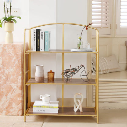 Crofy No Assembly Folding Bookshelf for Living Room, 3 Tier Gold Collapsible Book Shelf for Home Office, Portable Bookcase Storage Organizer