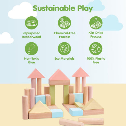 PlanToys 40 Piece Unit Block Building and Construction Block Set (5507) | Pastel Color Collection |Sustainably Made from Rubberwood and Non-Toxic Paints and Dyes