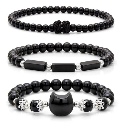 Pendlixy 3Pcs Money Attraction Cat Bracelet - Black Obsidian Women Bracelets -Wealth Prosperity Abundance Stone Bead Bracelet,Crystal Spiritual Cute Protection Stretch Bracelet,Good Luck Feng Shui Bracelets For Women Gifts