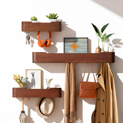 Coat Rack Wall Mount with Shelf Entryway Shelf Modern Key Holder Hanger Wall Shelves with Hidden Hooks for Hanging Towels Coats Hats Bags for Hallway Bathroom Bedroom(Walnut Color, 4 Hooks)