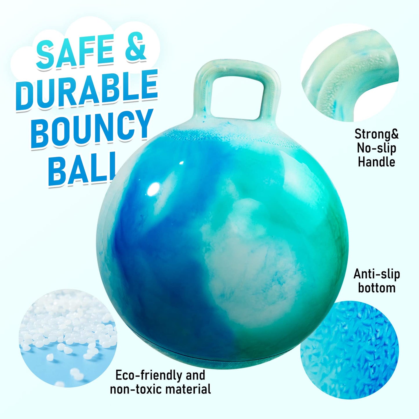 U&C Planet Hopper Ball, 18 inches Bouncy Ball with Handle for Kids Age 3-6, Hoppity Hop Sit and Bounce Jumping Hopping with Pump & Gift Box, Great Gift for Birthday Christmas, Green Clouds