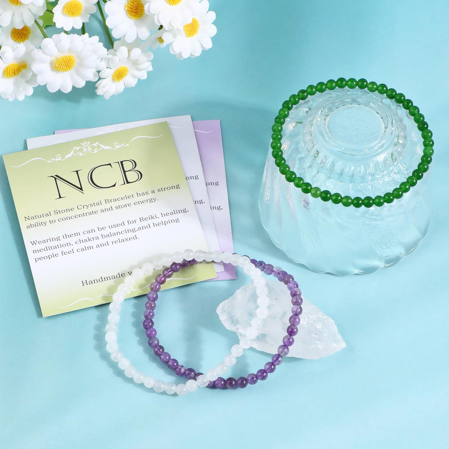 NCB 3-Piece 4mm Natural Crystal Gemstone Stretch Bracelets – ﻿Amethyst, Green Jade, White Jade Handmade Reiki Energy Healing Jewelry for Meditation,Yoga, Unisex