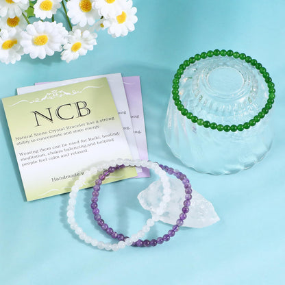 NCB 3-Piece 4mm Natural Crystal Gemstone Stretch Bracelets – ﻿Amethyst, Green Jade, White Jade Handmade Reiki Energy Healing Jewelry for Meditation,Yoga, Unisex