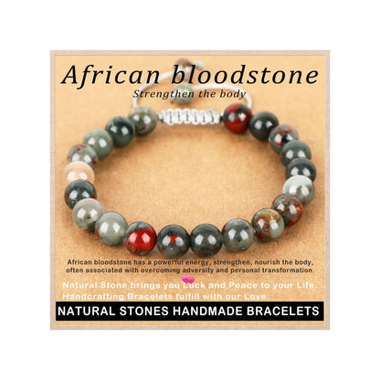 AD Beads 8mm African bloodstone - Strengthen the body - Handmade Natural Stone Crystal Bracelet with Adjustable Macrame String - Yoga Healing Power Energy Gifts for Men and Women