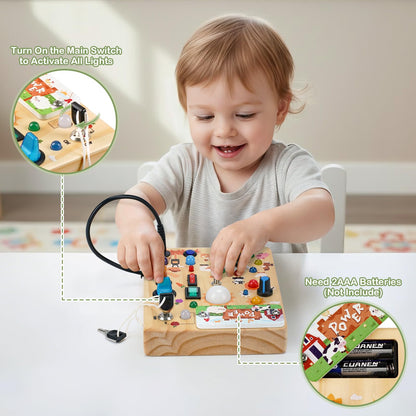 LED Busy Board for Toddlers 1-3,Montessori Toy with Key Switch, Light Up Wood Activity Sensory Board for Fine Motor Skills, Educational Travel Toy Gift for 1 2 3 Year Old Boys Girl