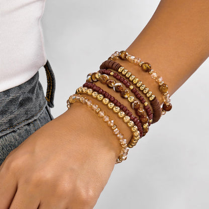 LOTSOF Boho Multilayer Beaded Bracelets Set for Women - Vintage Gold & Brown Stackable Stretch Bracelets, Bohemian Handmade Jewelry for Daily Style & Gifting (Brown)