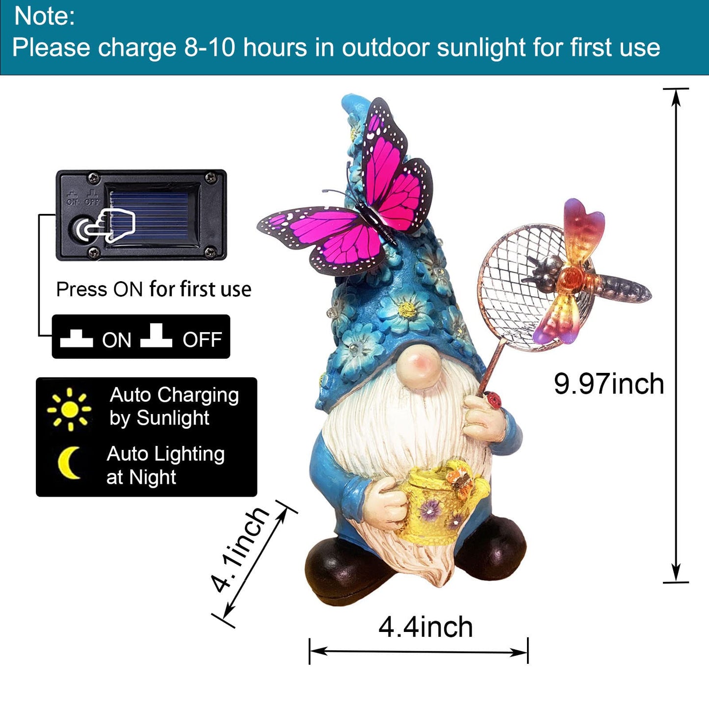 Foreby Garden Gnome Statues Outdoor Decor Solar Gnomes with Butterfly on LED Lighted Flowers, Resin Blue Gnomes Sculpture for Patio Yard Lawn Onament Decoration