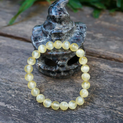 Natural Selenite Crystal Bracelet 8mm | Yellow Plated | Authentic Stone with Leather Pouch, Gift Box & Repair Kit | Fits about 7 inch Wrist