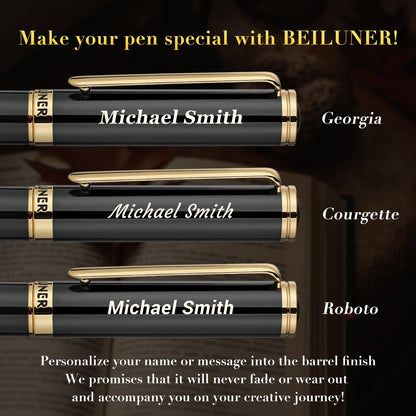 BEILUNER Black Personalized Fountain Pen,Stunning Luxury Lacquer,24K Gilded Nib(Fine),Gorgeous 24K Gold Finish, Ink Converter,Fancy Office Gift for Men&Women-Elegant, Graduation,Nice Pens for Writing