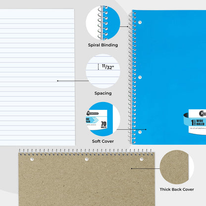 Rosmonde Spiral Notebooks, 24 Pack, 1 Subject Notebook, Wide Ruled, 70 Sheets, 8 x 10-1/2", 3 Hole Punched, School Supplies, Bulk Single Subject Spiral Notebook Bulk, Assorted Colors Pack of Notebooks