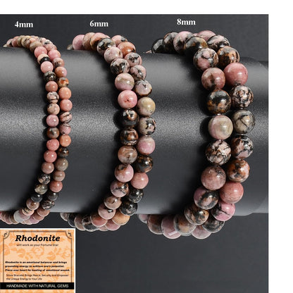 MASSIVE BEADS Pink Black Rhodonite - Stone of Fortune - Handmade Yoga Stretch Elastic Bracelet Natural Stone Crystal Healing Power Energy Gifts for Unisex Adult 8mm
