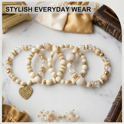 Ysenchan Bohemian Bracelet Set for Women, 4 Pcs Beaded Stackable Bracelets with Heart Charm, Stretch Bracelets, Boho Jewelry Gift – [White]