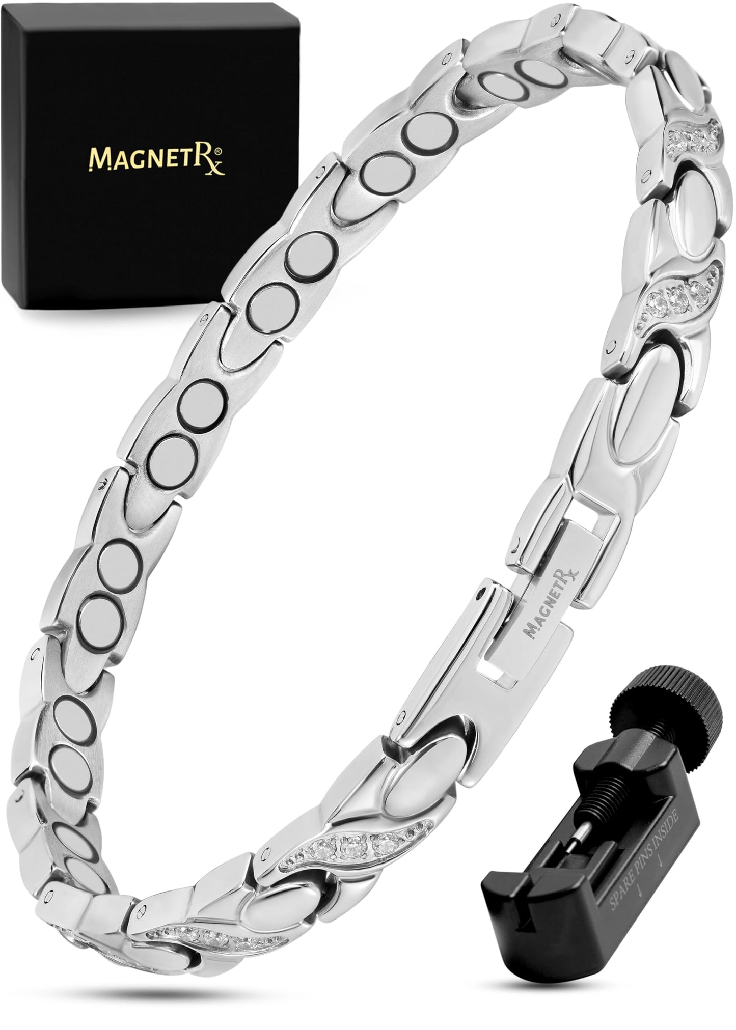 MagnetRX® Ultra Strength Magnetic Bracelets for Women – Double Magnet Stainless Steel Crystal Bracelet for Women – Adjustable Bracelet Length with Sizing Tool (Silver)